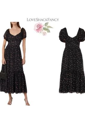 🌷LoveShackFancy Angie Silk Sz 4 Floral Dress in Black Pink Ditsy